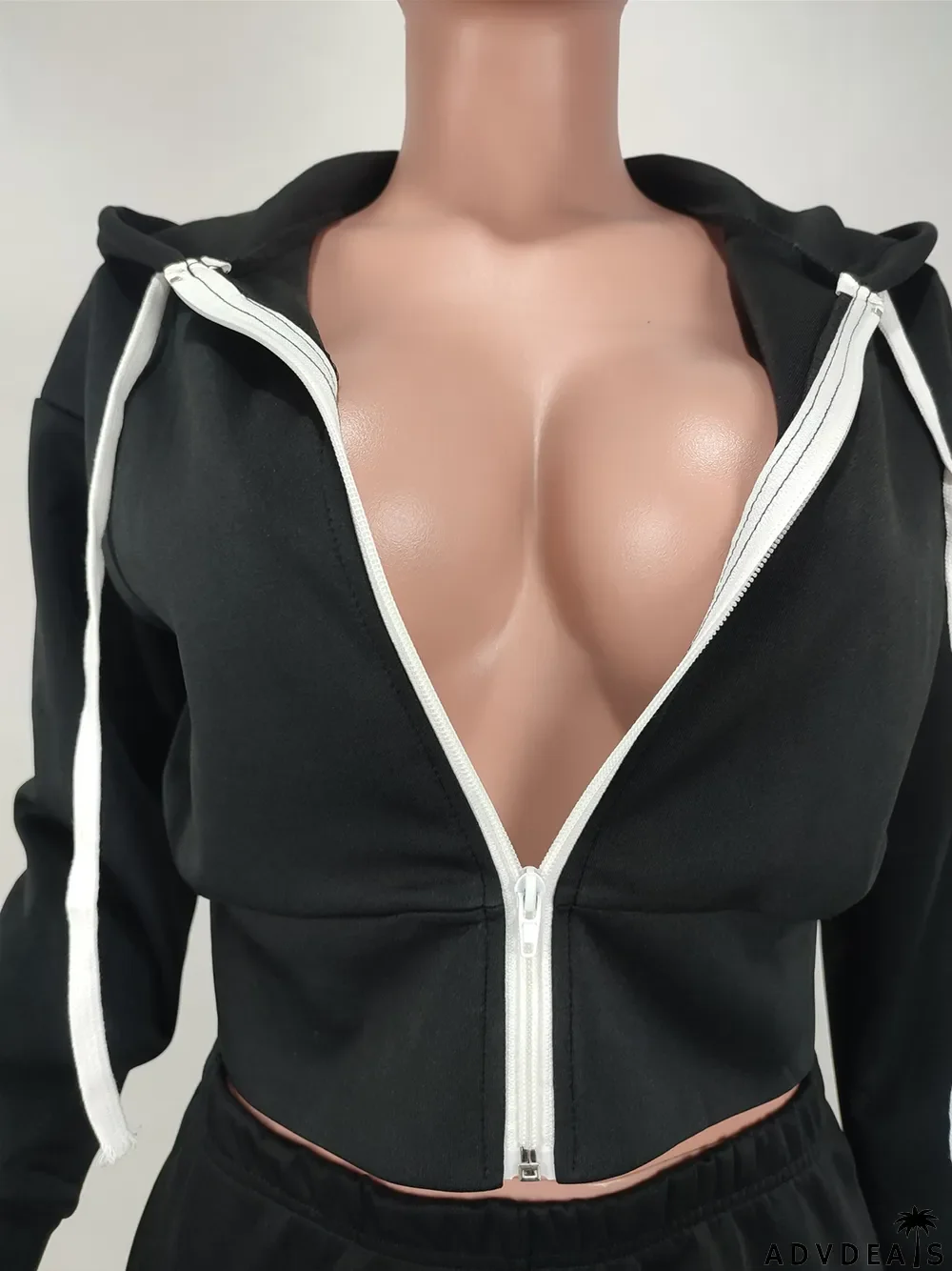 Solid Zipper Long Sleeve Two Piece Pants Set