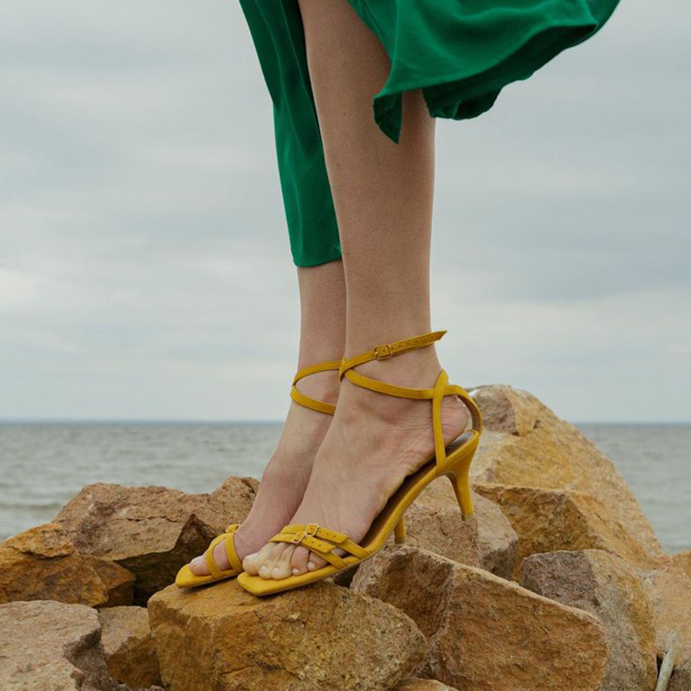 Yellow Faux Suede Open Toe Stiletto Heel Buckled Strappy Sandals Nicepairs