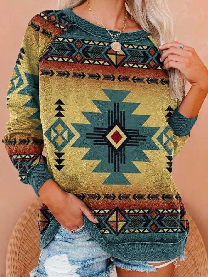 Vintage Print Sweatshirt Women Autumn Fashion Pocket O Neck Long Sleeve Streetwear Hoodies Female Plus Size Casual Pullovers
