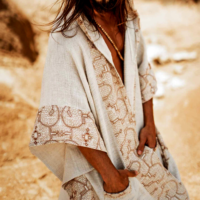 Men's Tulum Linen Holiday Long Hooded Cape Cardigan