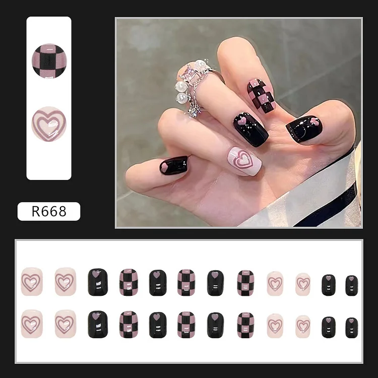 Vivid Grid Vibe - 24 Fake Nails 12 Sizes Short Square Press On Nails Kit