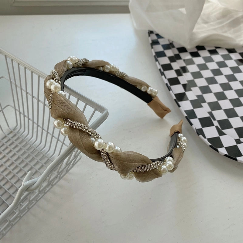 Women’s Fashion C Shape Cloth Handmade Artificial Pearls Rhinestones Hair Band