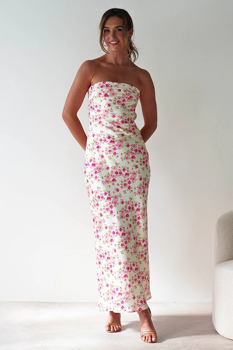 Ditsy Floral Print Strapless Slim Fit Backless Maxi Dresses-Ivory [Pre Order]