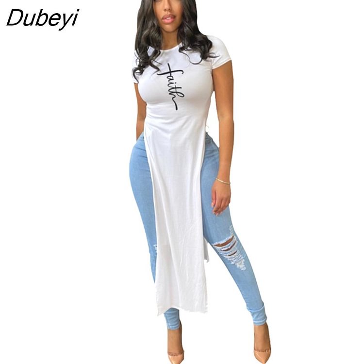 Dubeyi Elegant Women Faith Letter High Side Split Short Sleeve Maxi Tee Top 2023 Summer Fashion Chic Classic T-shirt