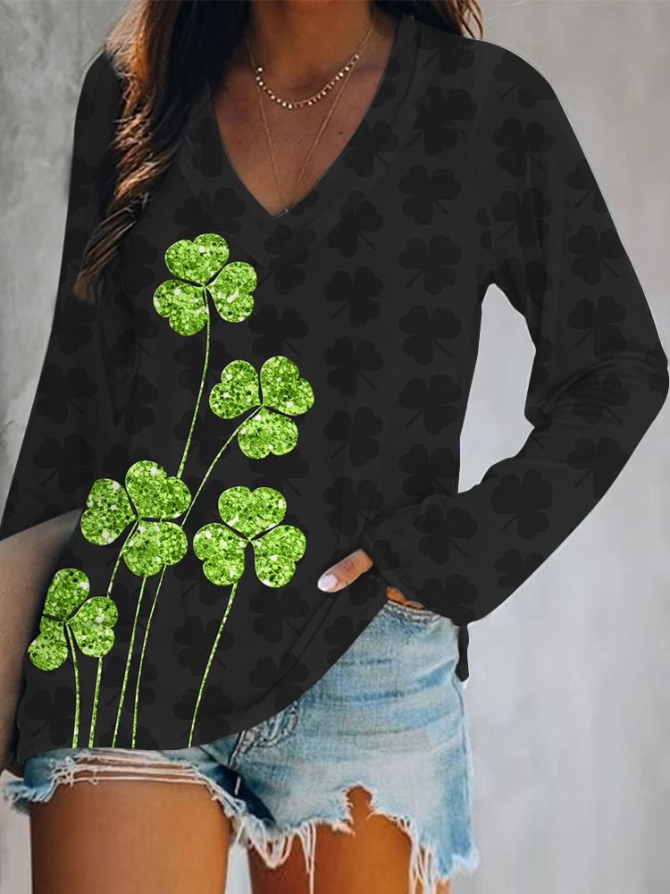 Comstylish St. Patrick's Day Glitter Shamrock Long Sleeve T Shirt
