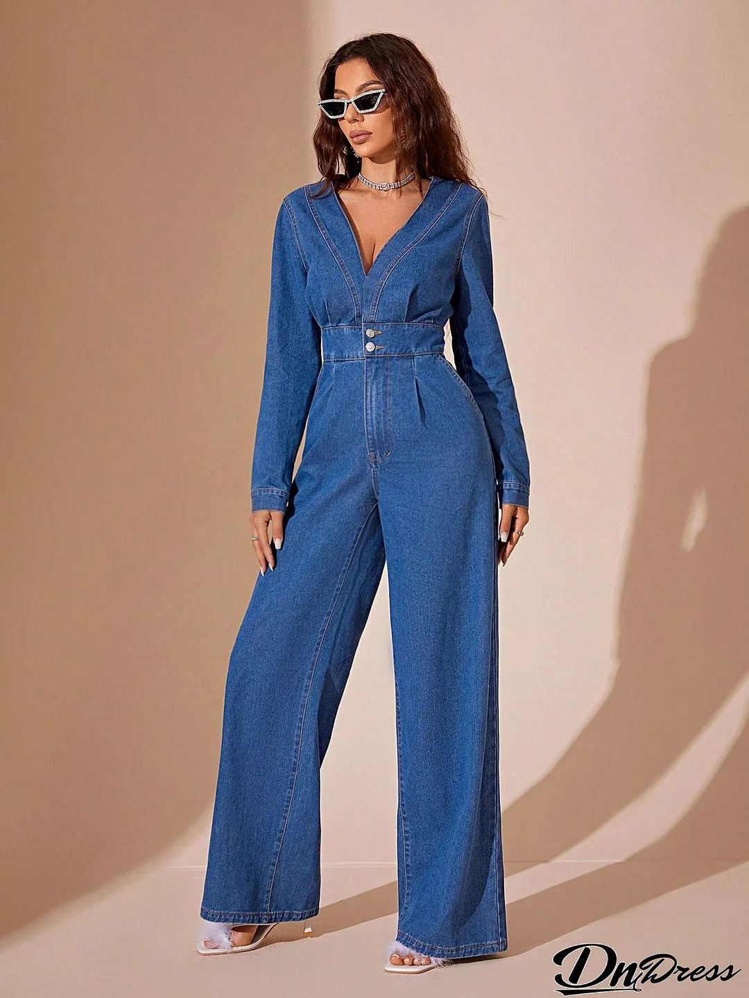 Women's Casual V-Neck Long Sleeve Wide Leg Denim Jumpsuit