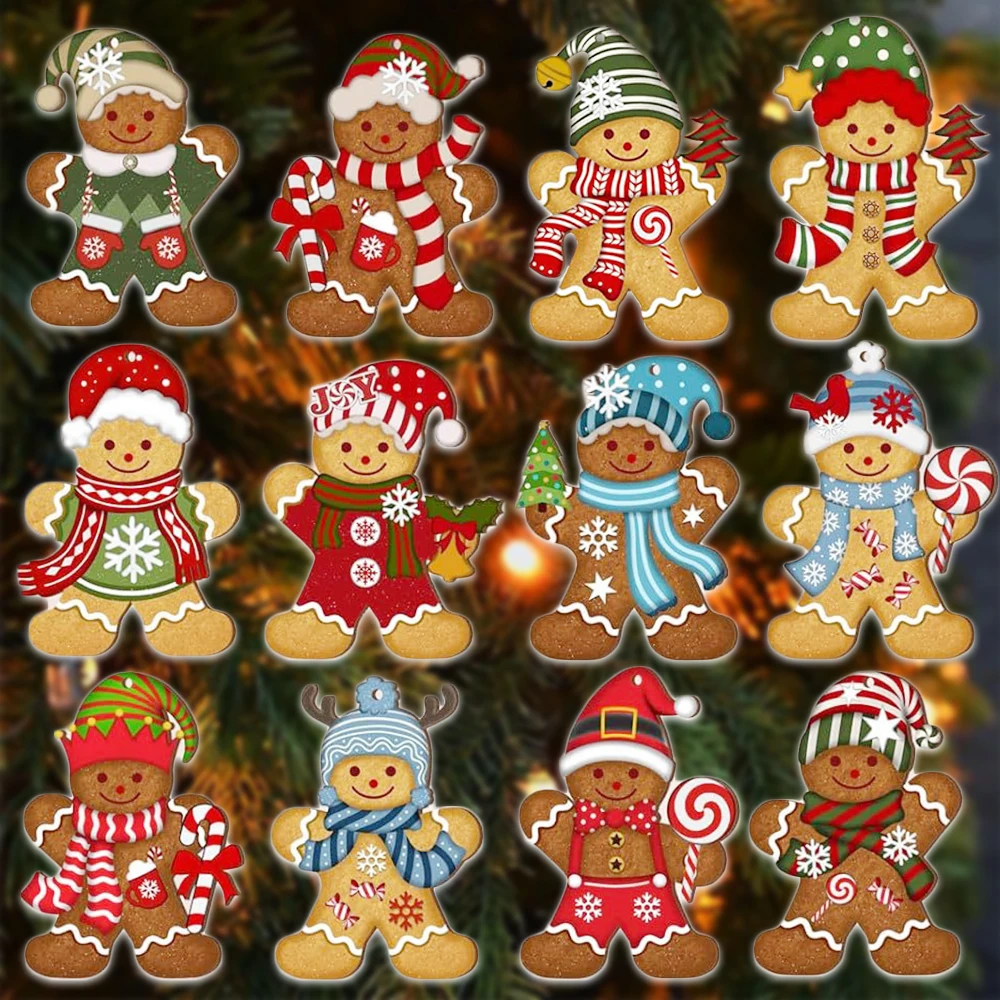 Tegooe 12PCS Wooden Gingerbread Man Christmas Tree Hanging Ornaments - Mixed Styles