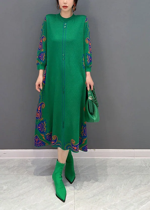 4.15Green Print Knit Long Dresses O-Neck Slim Fit Spring