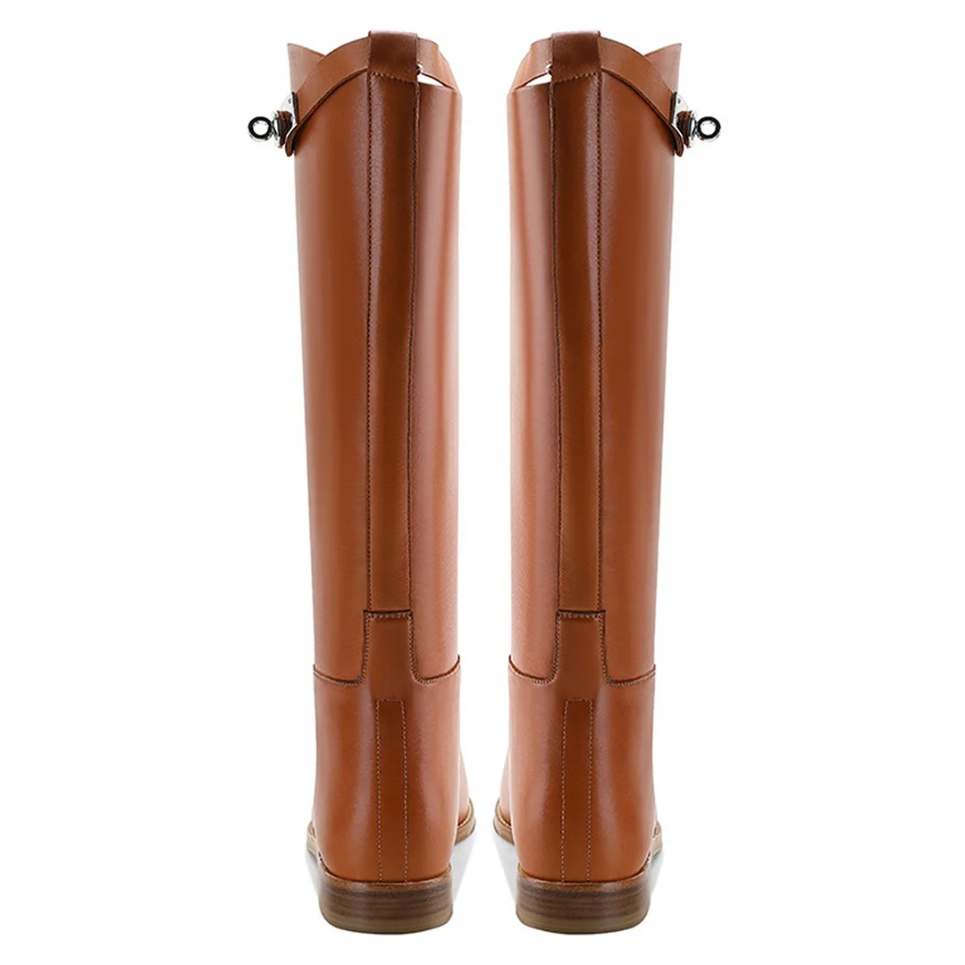 Classic Brown Round Toe Flats Slip On Knee High Boots for Women