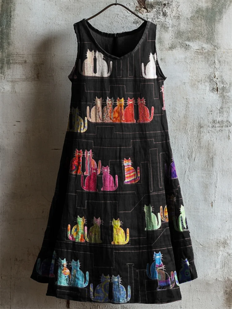Colorful Cats Patchwork Fiber Art Linen Dress