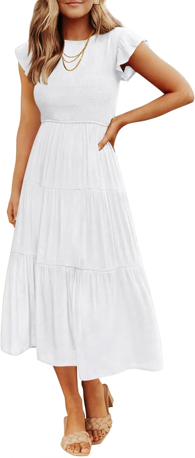 Women's Summer Casual Flutter Short Sleeve Crew Neck Smocked Elastic Waist Tiered Midi Dress