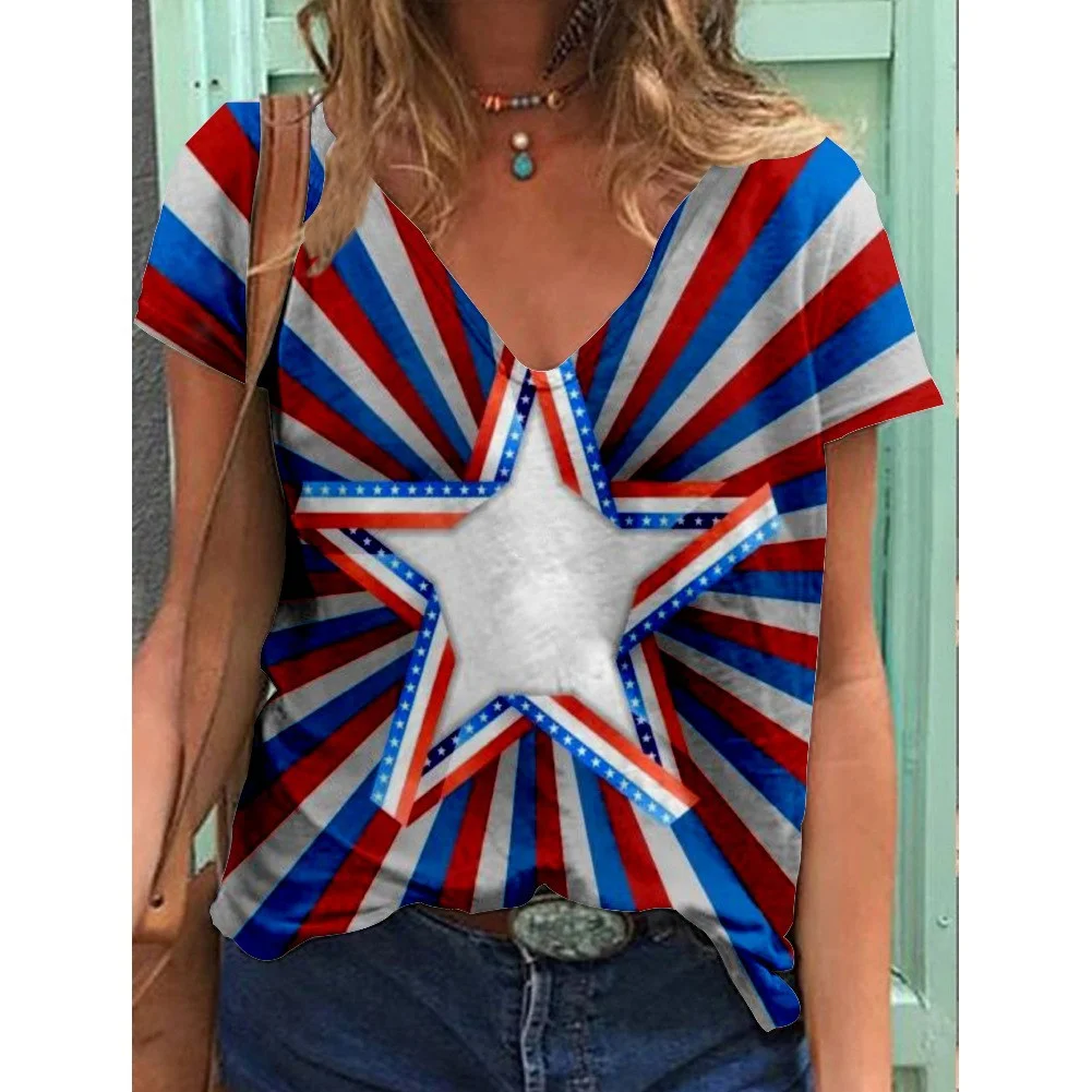 Women's Independence Day Themed Printed V-neck Short Sleeved T-shirt
