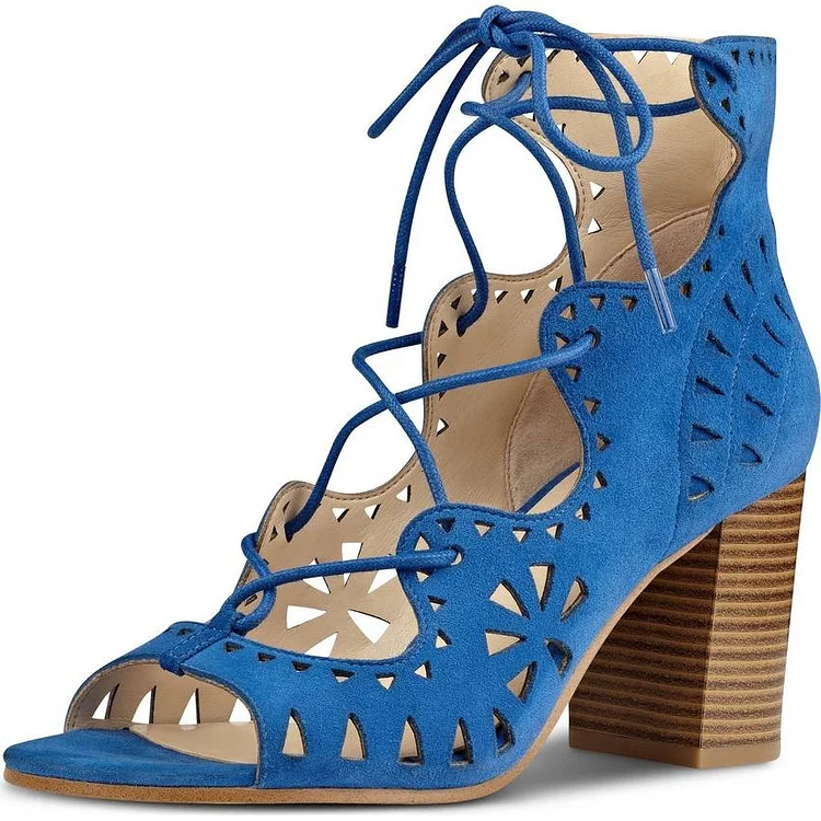 Blue Vegan Suede Hollow Out Lace Up Block Heel Sandals |FSJ Shoes