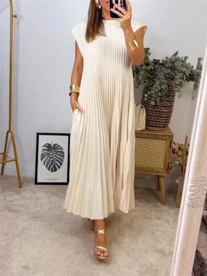 Women's Summer New Fashion Round Neck Sleeveless Pleated Dresses Long Dresses