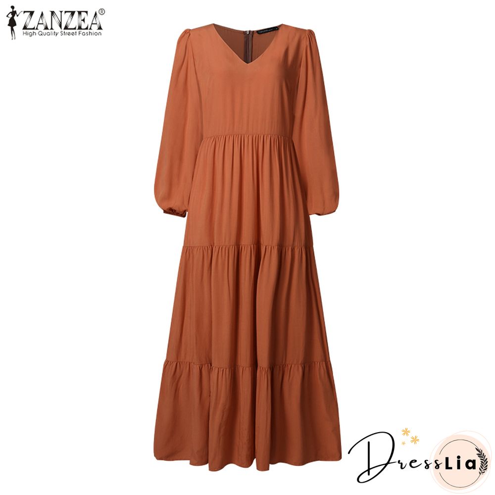 ZANZEA Stylish Ruffle Maxi Dress Casual Puff Sleeve Tunic Vestidos Female Solid Robe Women's Autumn Sundress