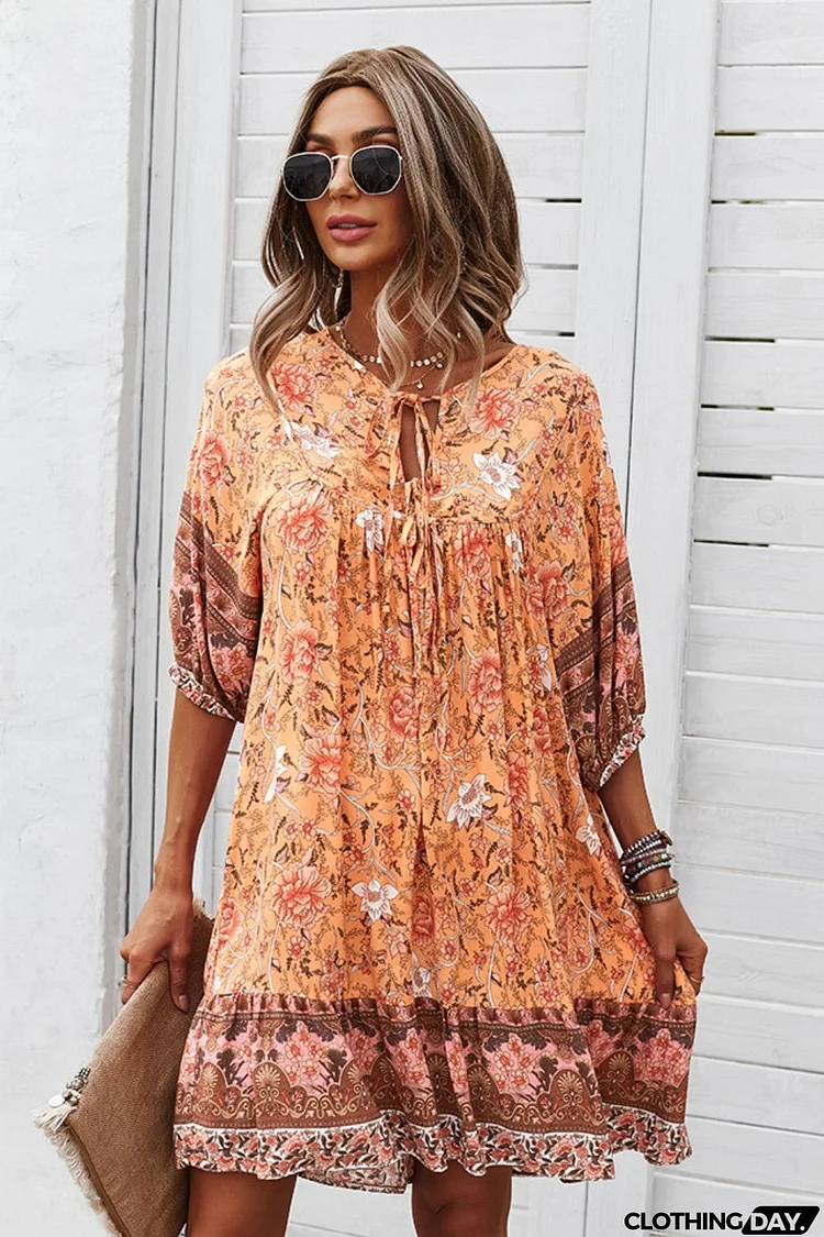 Bohemian Tie Neck Mini Dress