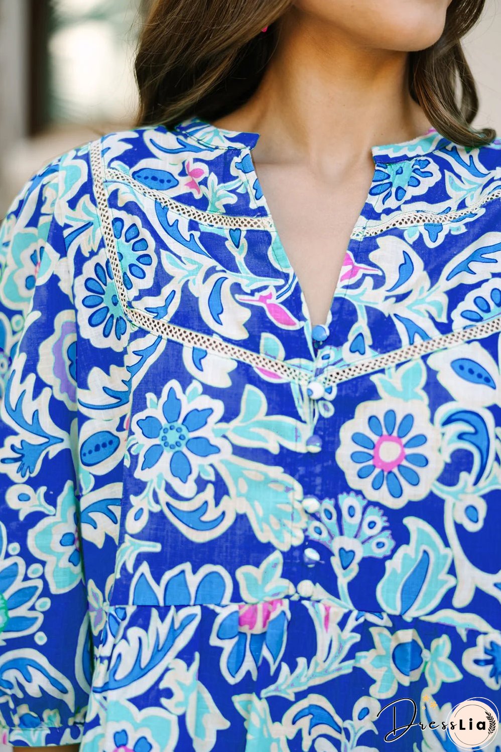 Blue Mix Floral Printed Lace Detail Bracelet Sleeve Blouse