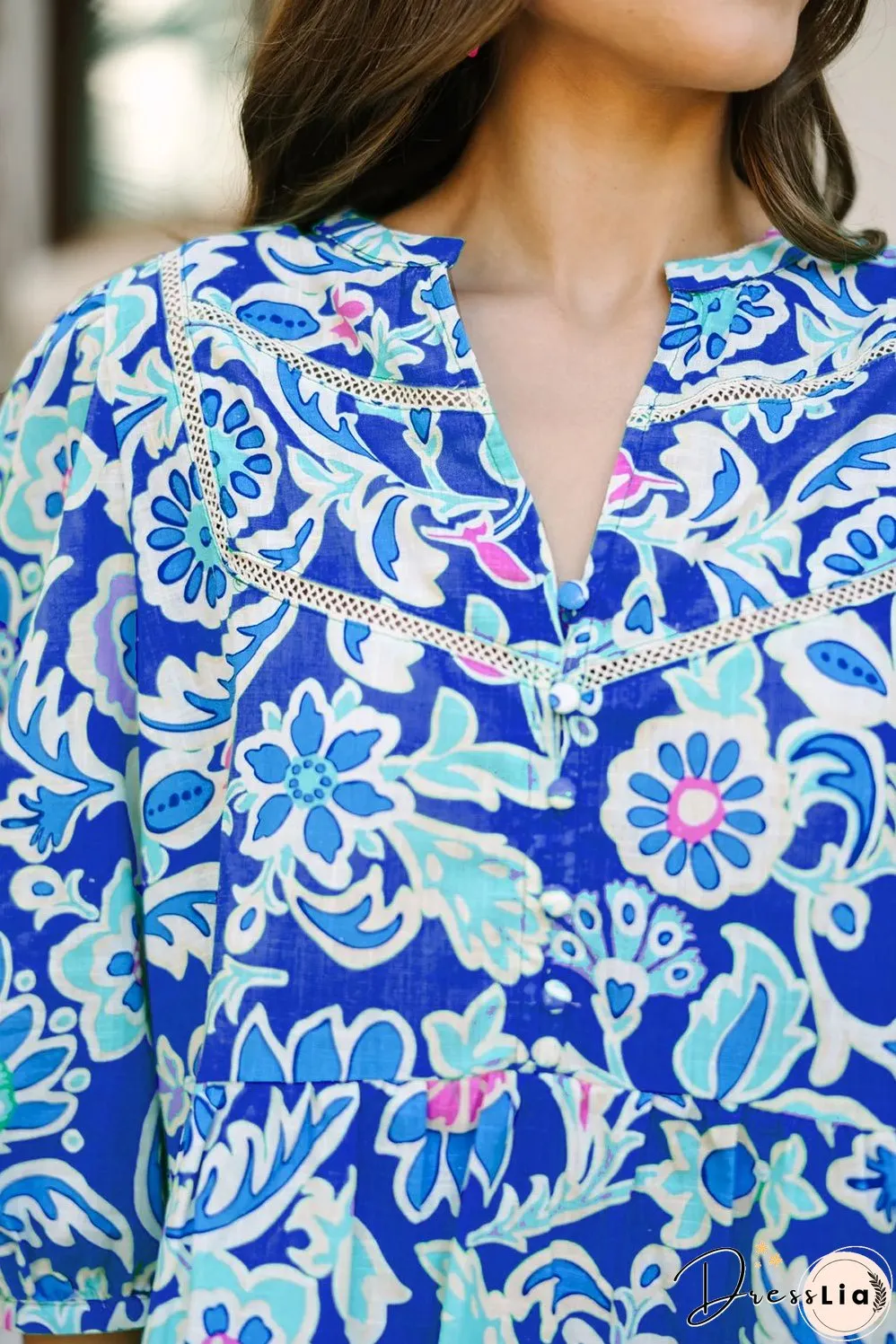 Blue Mix Floral Printed Lace Detail Bracelet Sleeve Blouse