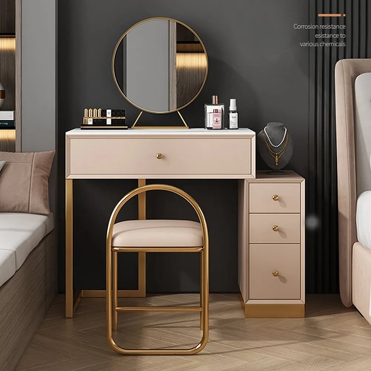 Homemys Extendable Pink Makeup Vanity Dresser Set, 4 Drawers, Side Cabinet, Mirror and Stool Included, Gold