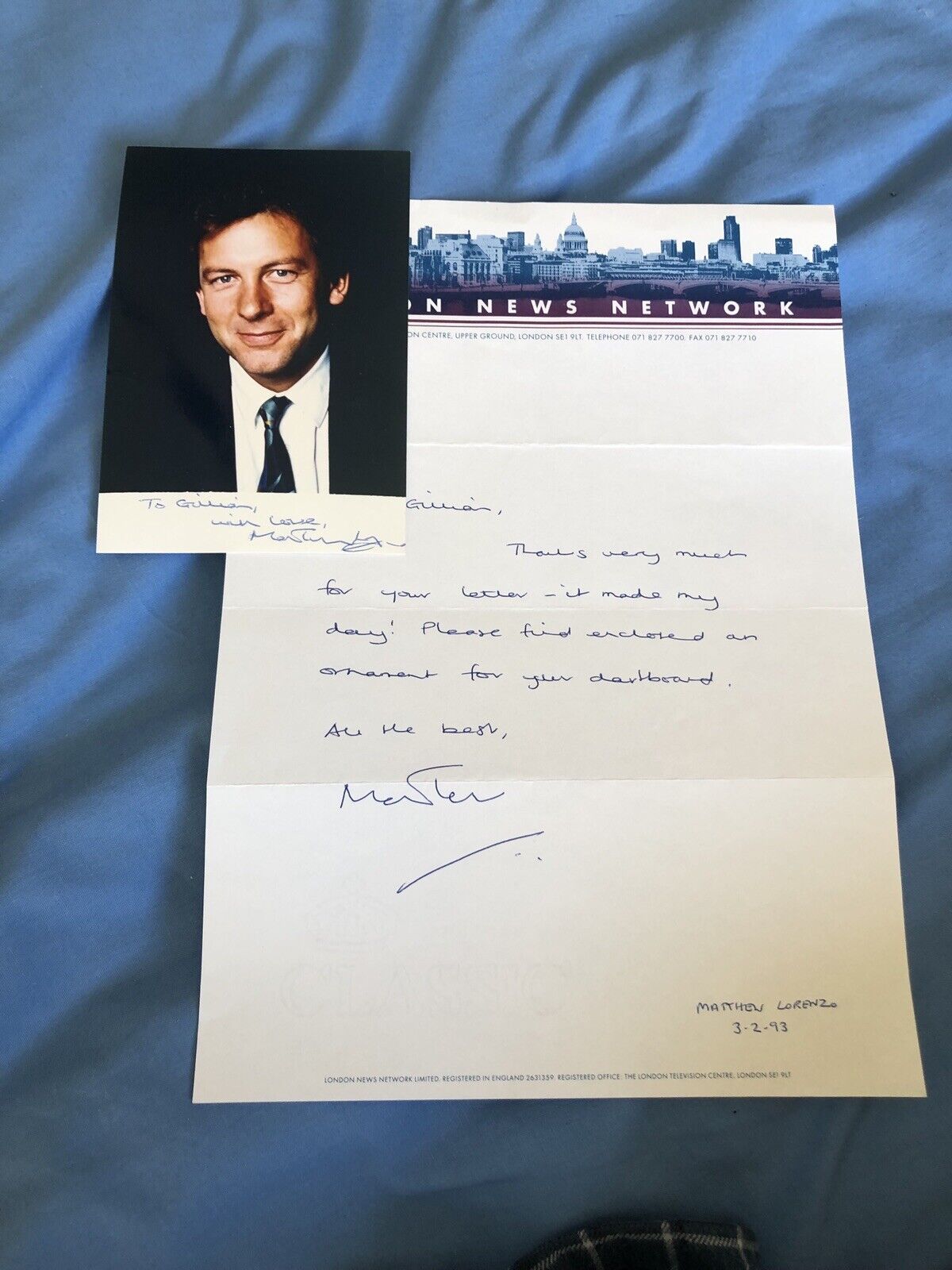 MATTHEW LORENZO (LONDON NEWS NETWORK) SIGNED Photo Poster painting & HAND WRITTEN LETTER