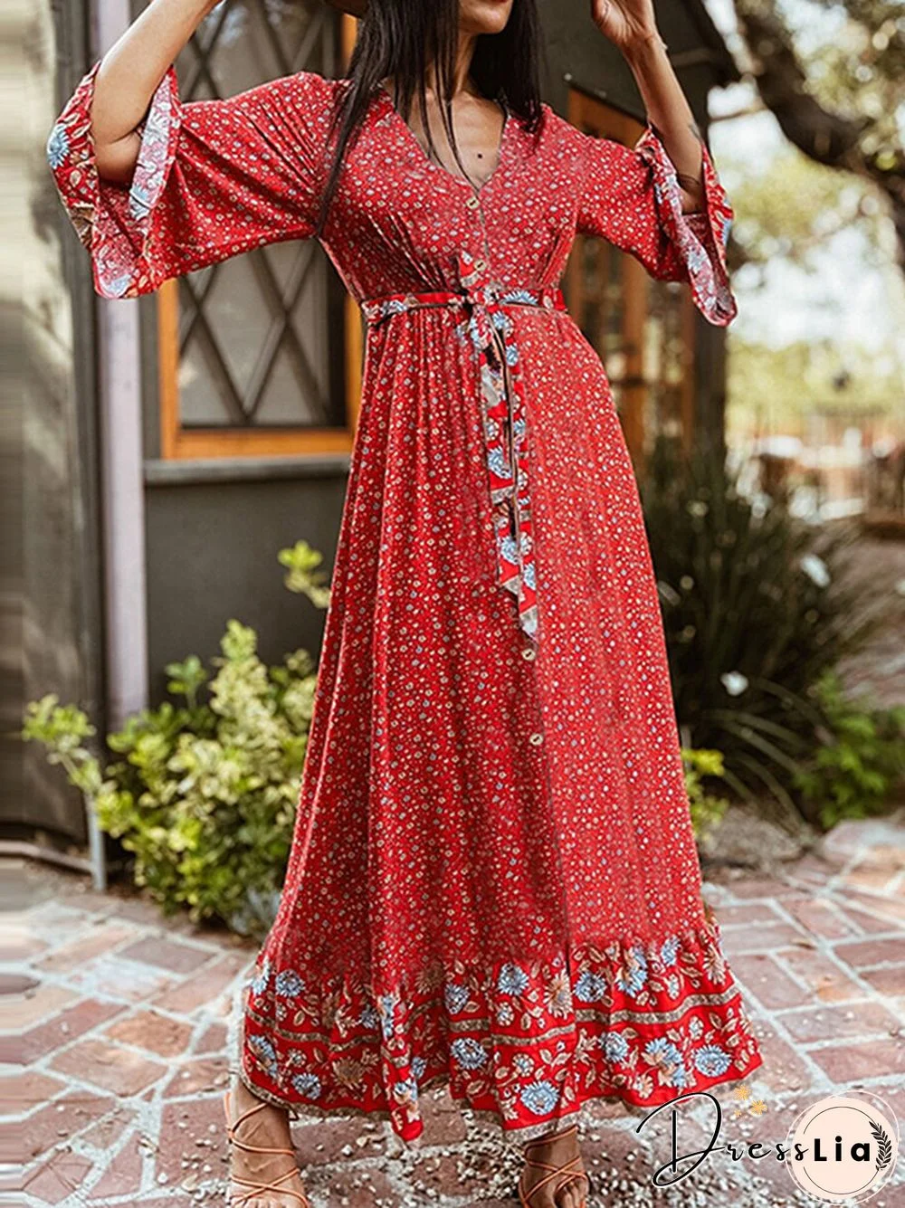 Bohemian Floral Print Belt Ruffle Sleeve Maxi Dress