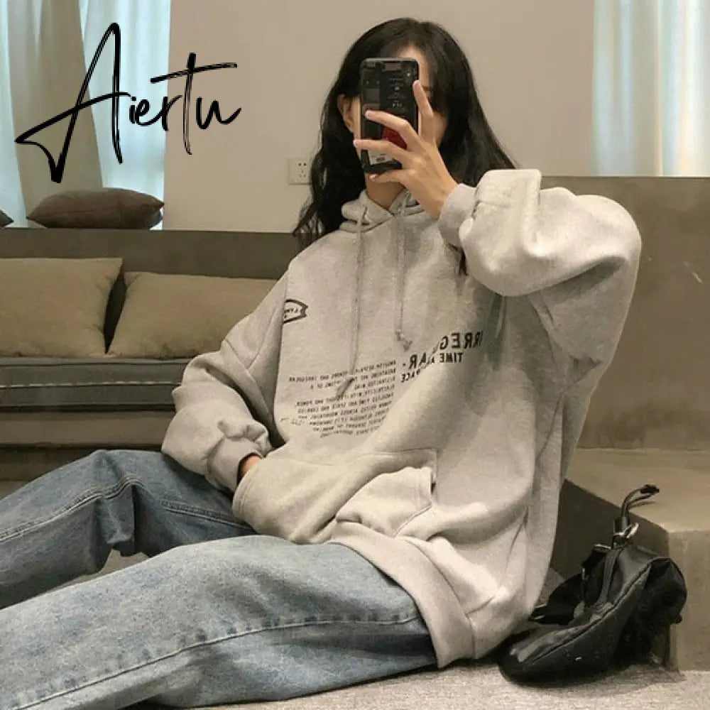 Aiertu Harajuku Sweatshirt Women Chic Street Style Simple Letter Hooded Fall Thicker Teen Hoodies All-match Leisure Retro Lady Clothing Aiertu