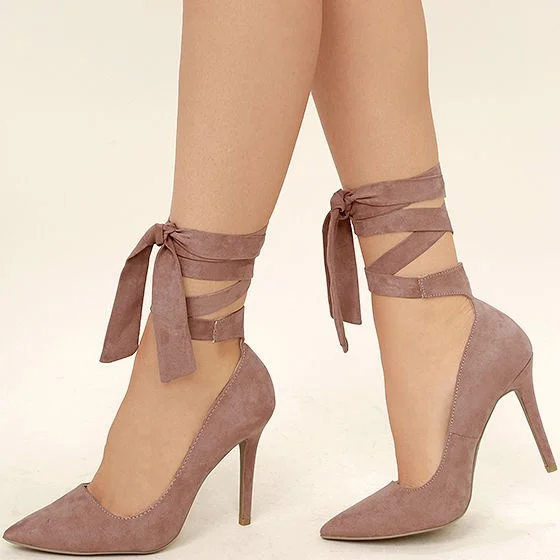Taupe Strappy Heels Pointy Toe Vegan Suede Pumps Stiletto Heels |FSJ Shoes