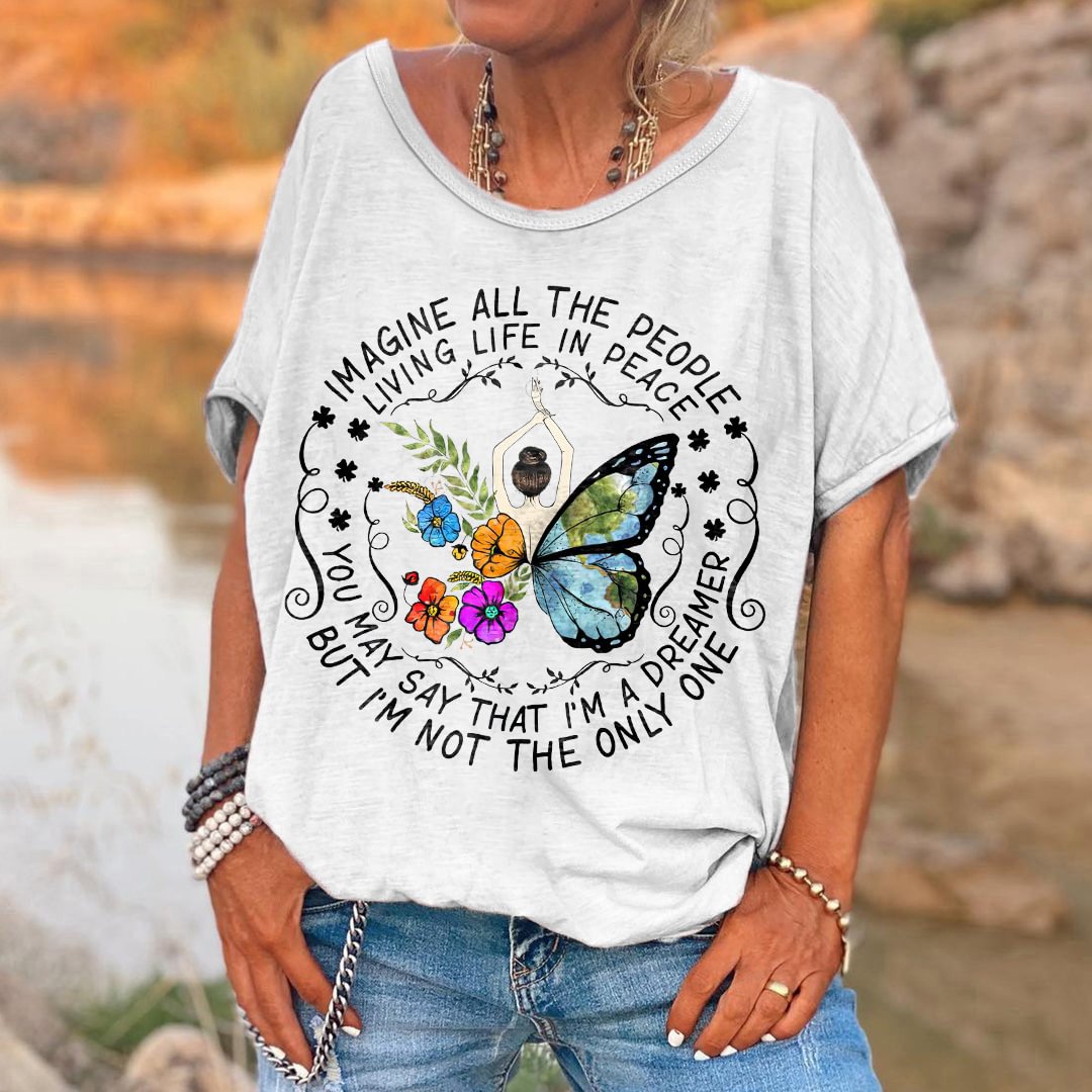 Imagine All The People Living Life In Peace Printed Women's T-shirt