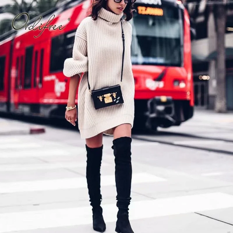 Ordifree 2020 Autumn Winter Oversized Women Turtleneck Sweaters Knitted Pullovers Loose Thick Warm Long Knitted Sweater Jumper