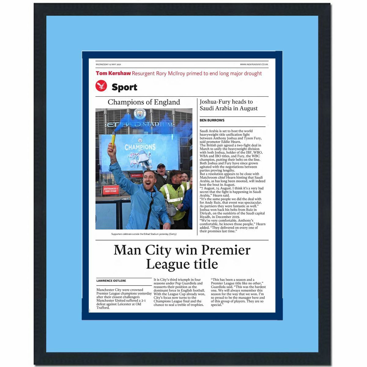 Framed Manchester City 2020-2021 Premier League Champions Newspaper 17x20 Photo Poster painting