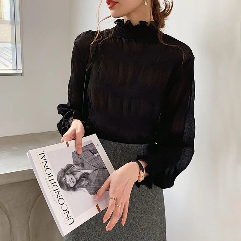2021 Spring New Pleated Women Shirts Fashion Office Lady Chiffon Blouse Women Stand Collar Flare Sleeve Solid Female Tops 9542