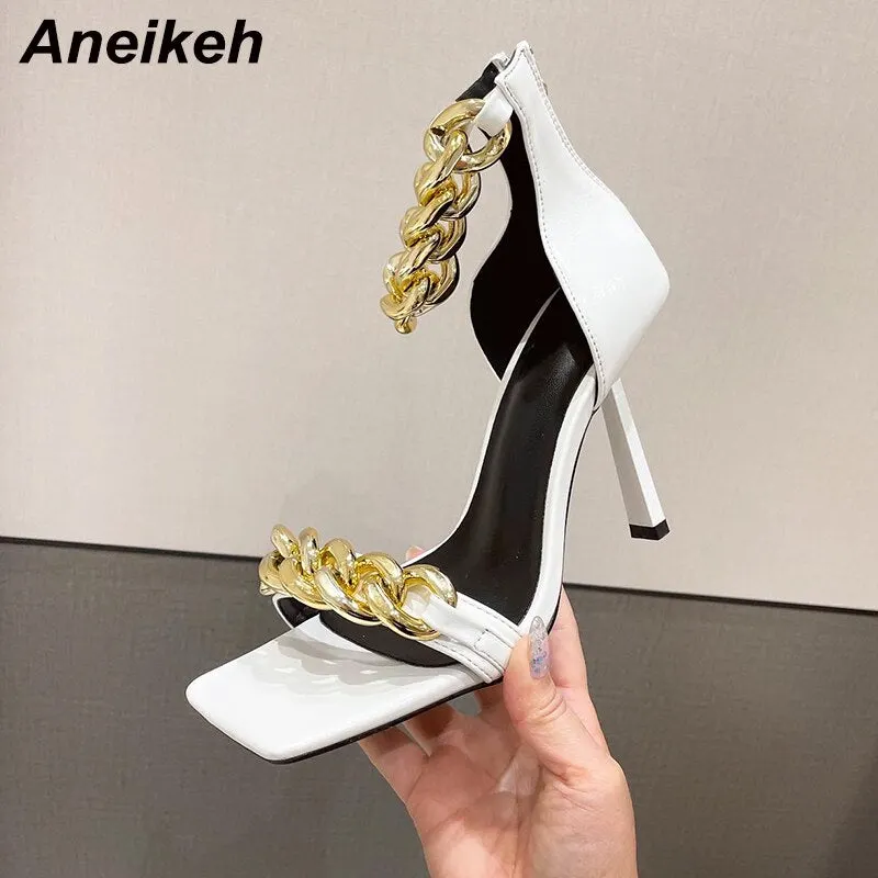 Aneikeh Summer Women Shoes 2021 Patent Leather Party Metal Decoration PU Ankle-Wrap Fashion Sandalias Leopard Shallow ZIP Solid