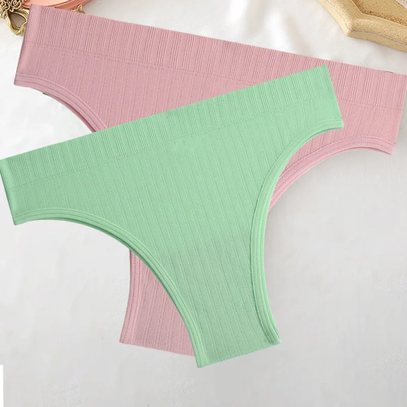 FINETOO 2PCS/Set M-XL Women Seamless Pantys 9 Solid Colors Sexy Brazilian Panties  Midi-Waist Underpants For Girls Fashion Thong
