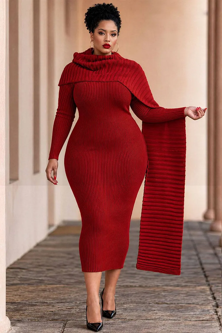 Xpluswear Design Plus Size Christmas Red Round Neck Long Sleeve Bodycon Crochetd Two Piece Dress Set [Pre-Order] 2024 - Xpluswear