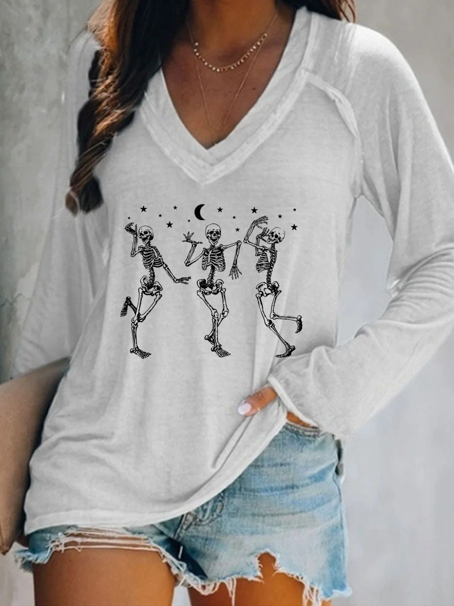 Dancing Skeletons Halloween V-neck Long Sleeve T-shirt