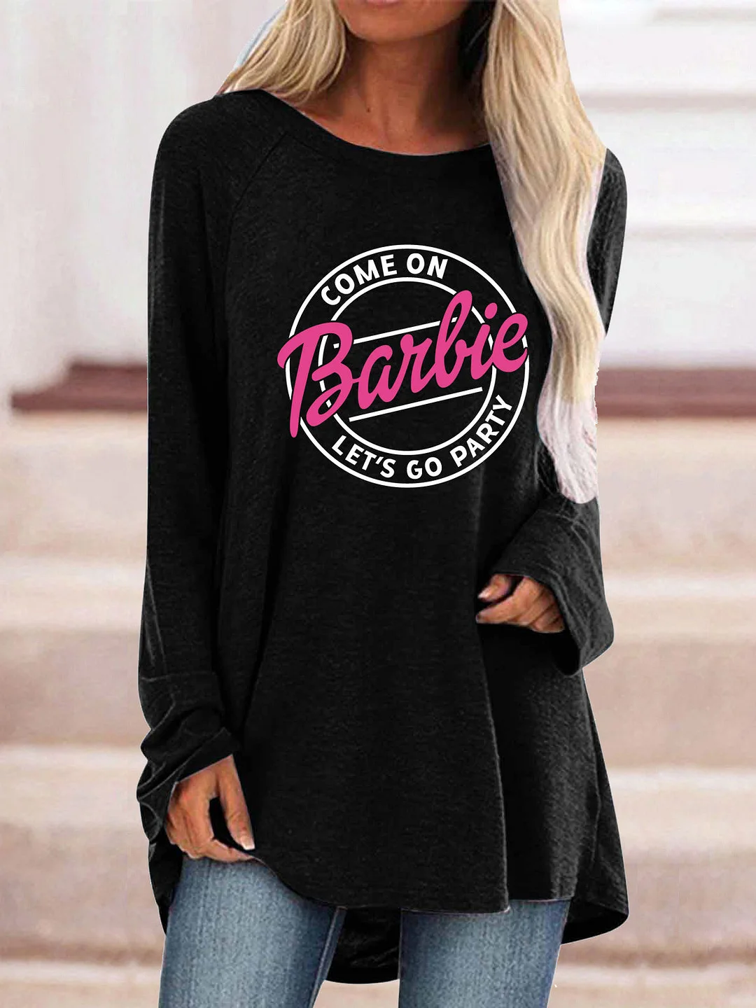 Women Long Sleeve Scoop Neck Solid Letter Printed Graphic Top