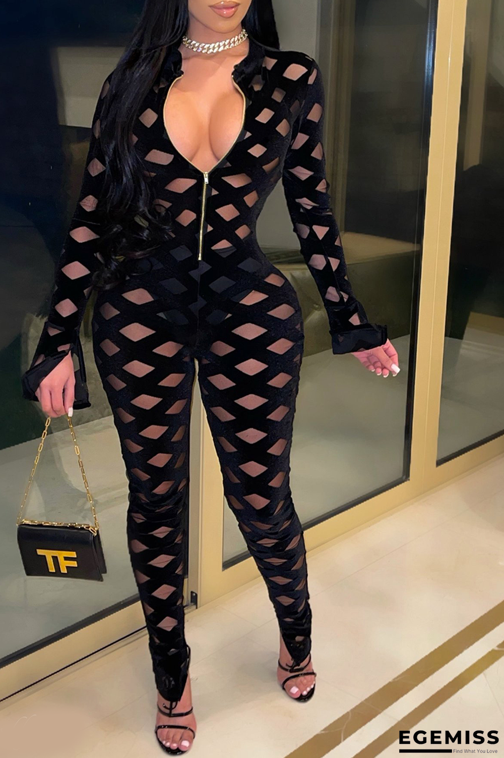 Yellow Sexy Solid Mesh Zipper Collar Skinny Jumpsuits | EGEMISS