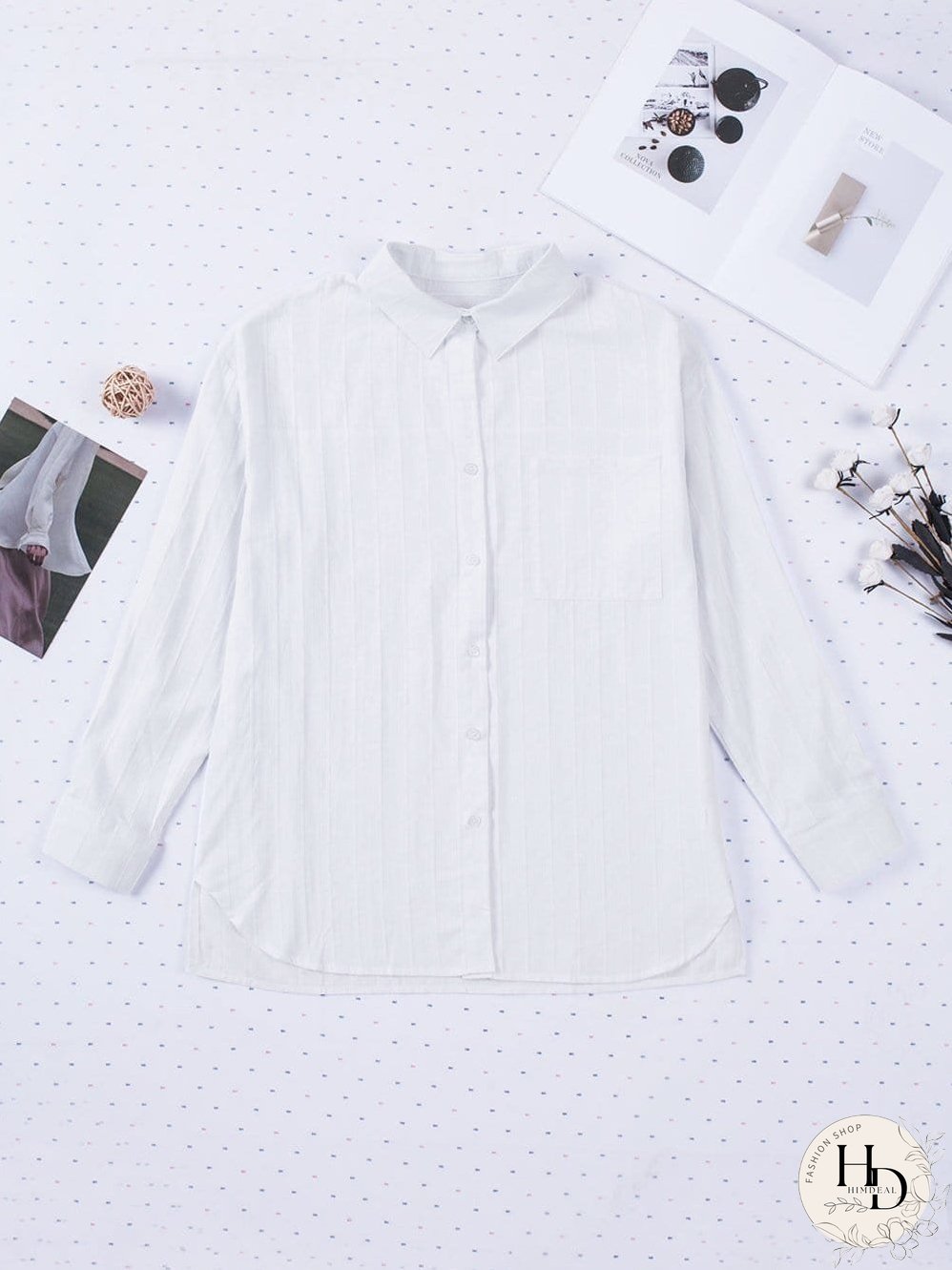 Simple Solid Lapel Button Long Sleeve Blouses