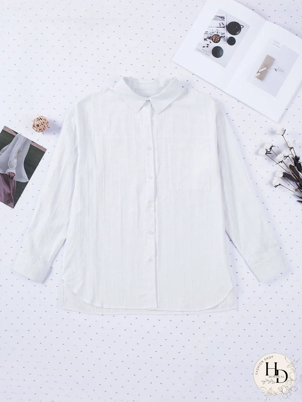 Simple Solid Lapel Button Long Sleeve Blouses