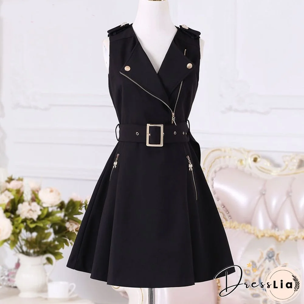 Autumn Design Dress Women V Neck Belt Casual Lady Dress Sleeveless Korean Fashion Black Dress Office Style Clothes New
