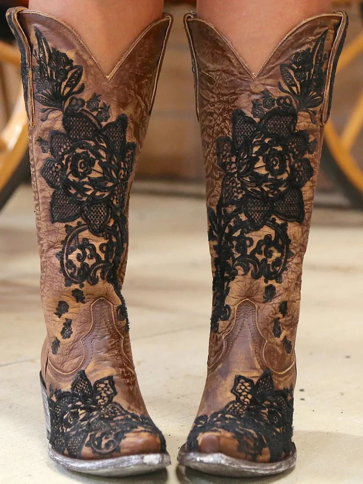 Ethnic Embroidery PU Leather Chunky Heeled Half Boots