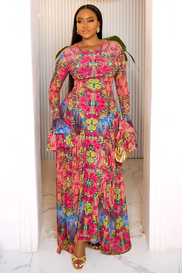 Boho Floral Print Long Flare Sleeve Vacation Maxi Dresses-Red [Pre Order]