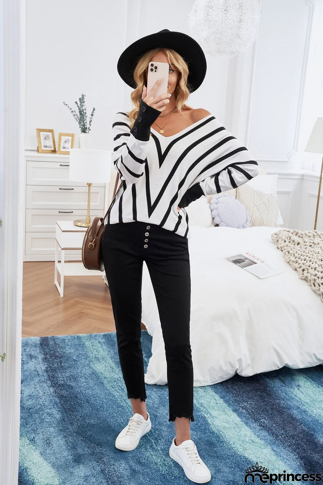 Khaki V Neck Popper Cuff Striped Casual Sweater