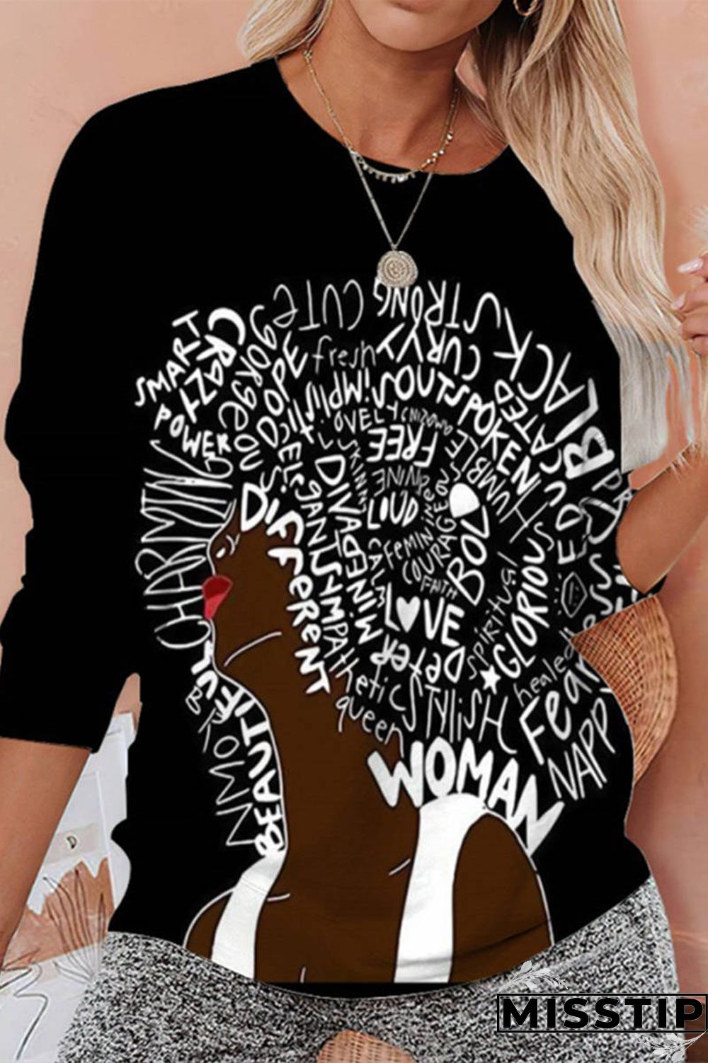 Black Fashion Casual Print Basic O Neck Tops