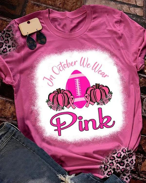 In October We Wear Pink Pumpkin Football Leopard Print T-Shirt