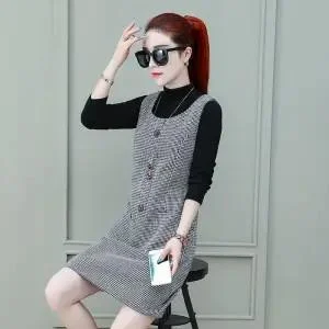 Elegant Sleeveless Woolen Blended Vest Dress High Quality Fashion Pocket New Autumn Winter Office Work Slim Plaid Midi Dresses