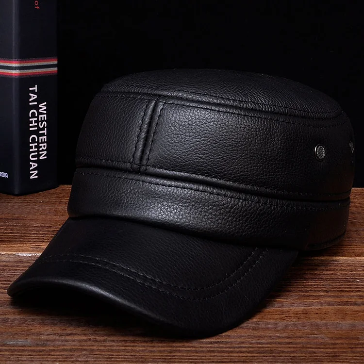 HL087BrandWinter Warm Russian Real Leather Caps Mens Genuine Leather Baseball Caps