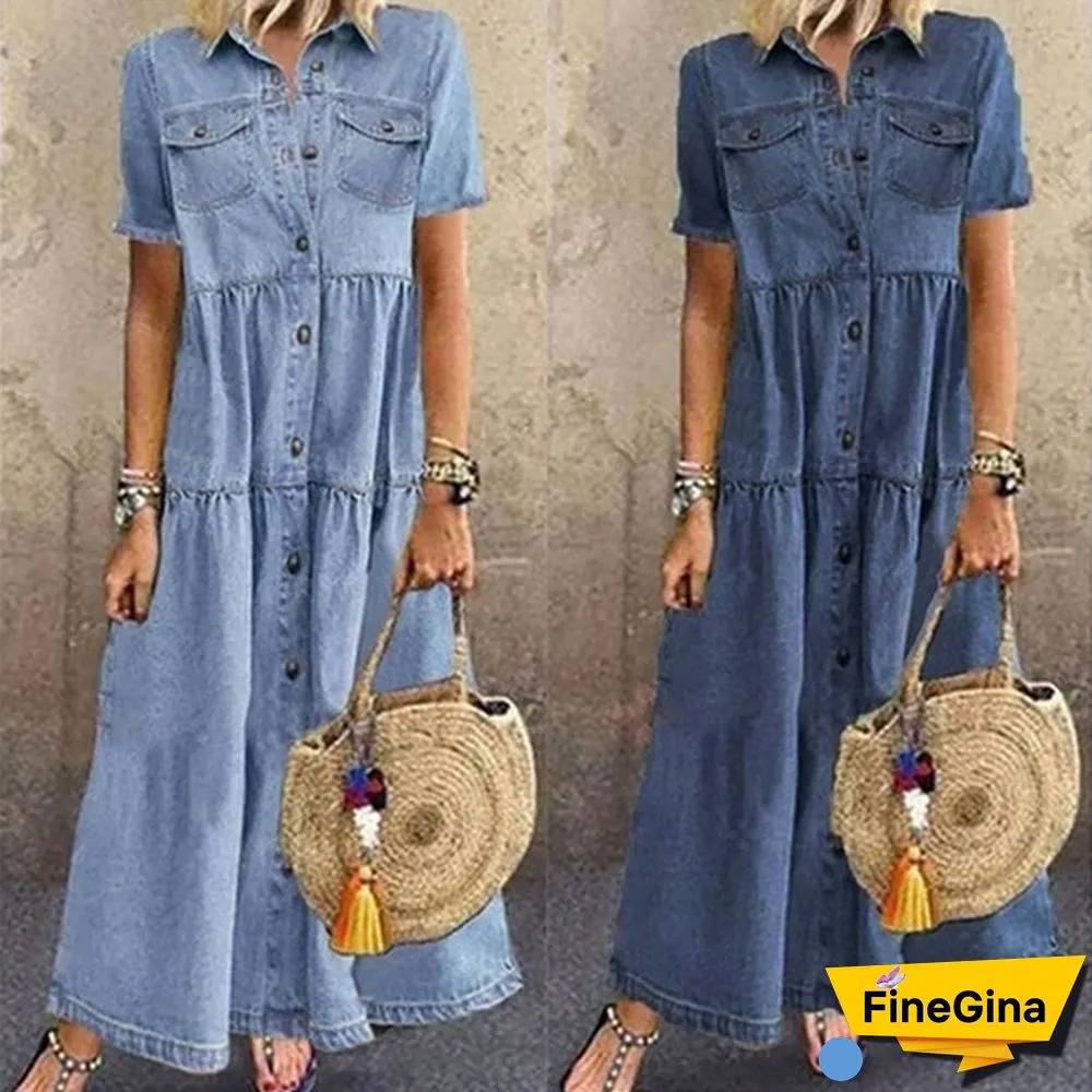 Womens Summer Autumn Denim Long Dress Retro Button Pockets Jeans Maxi Ladies Casual