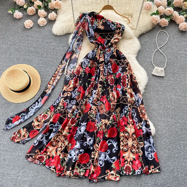 Flaxmaker Blossom Printed One Shoulder Lace Up Maxi Chiffon Dress