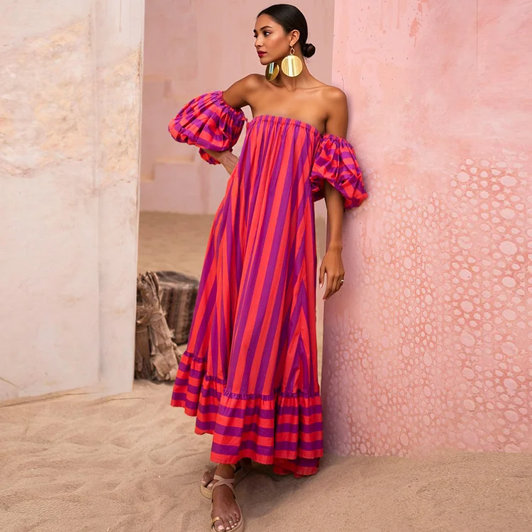 Detachable Sleeves Three-way Color Block Striped Maxi Dress